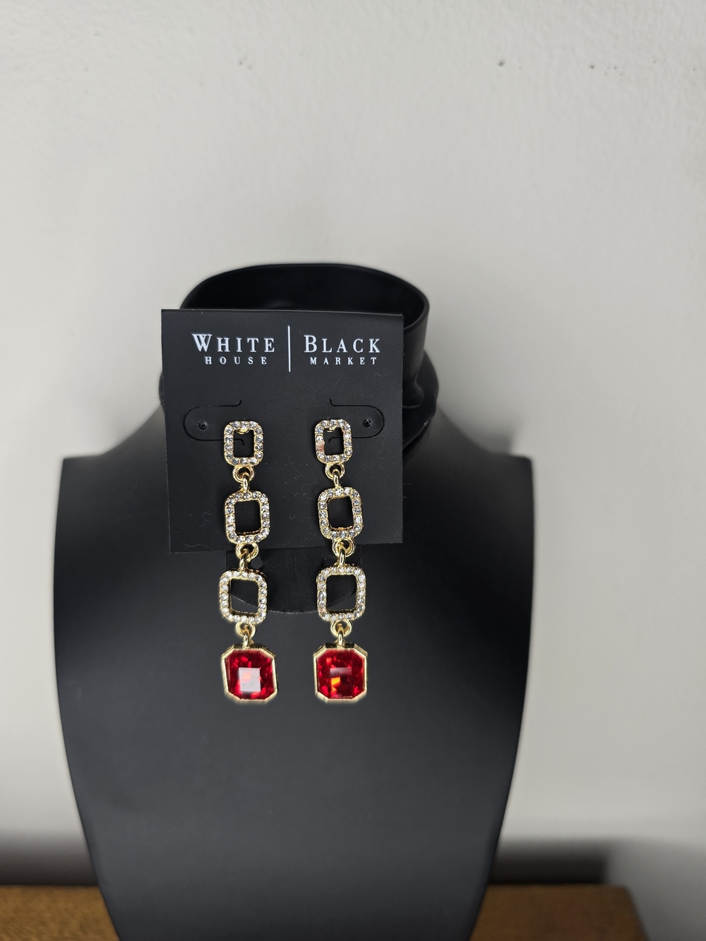 White House Black Market Gold-Tone Rhinestone Square Drop Earrings Red Stones